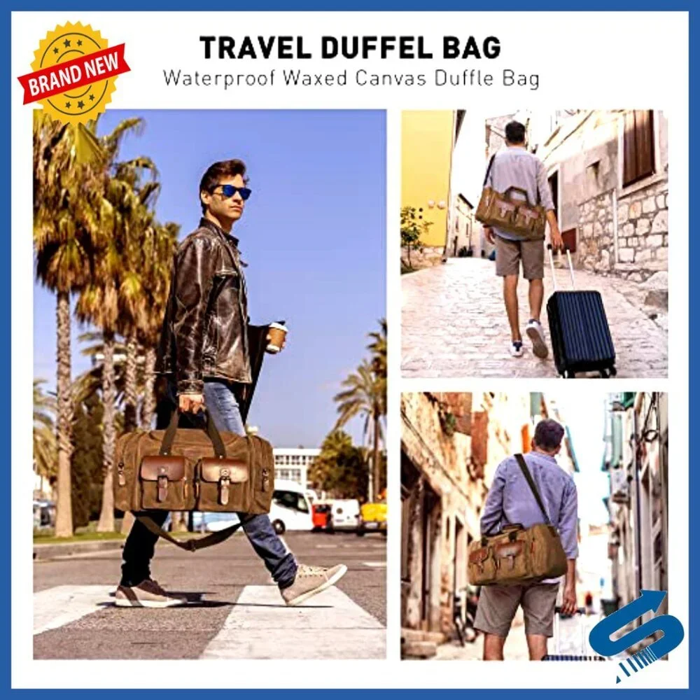 Vintage Waxed Canvas Leather Duffle Bag Waterproof Travel Weekender Carry On